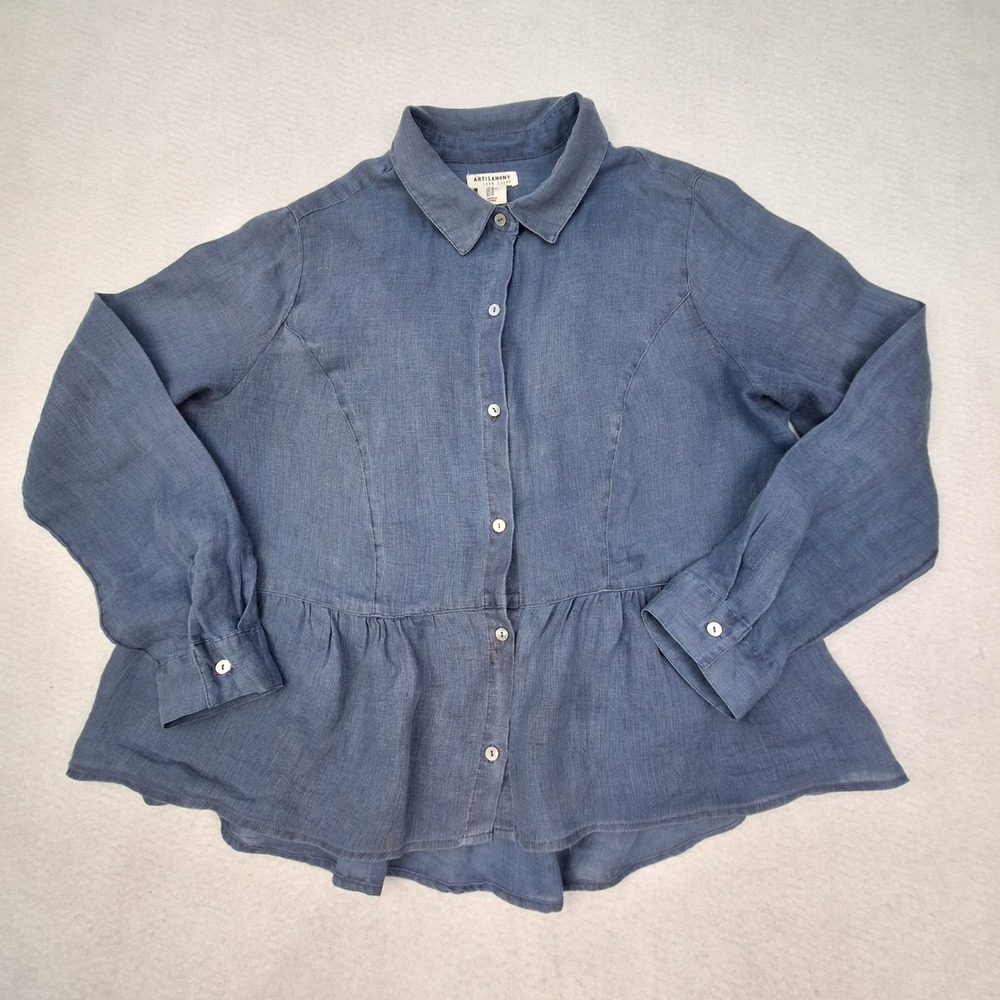 Artisan NY Button Front Shirt Womens Medium Blue 100% Linen Top Long Sleeve